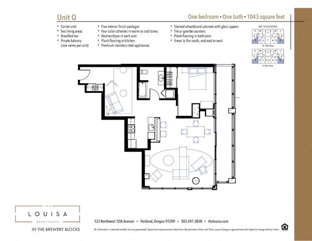 1 Bed 1 Bath (Q) Floor Plan 1 Bed 1 Bath (Q) Floor Plan at The Louisa Apartments in Portland, Oregon